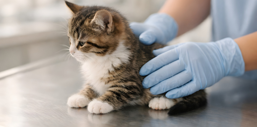 Tabby Kitten at Veterinary Exam Table with Gloved Hands