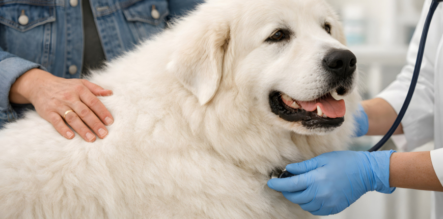 Great Pyrenees at Veterinary Clinic with Owner and Vet, Face Not Visible