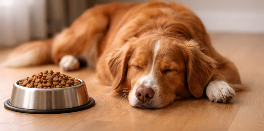 Dog Sleeping Beside a Full Food Bowl, Nova Scotia Duck Tolling Retriever