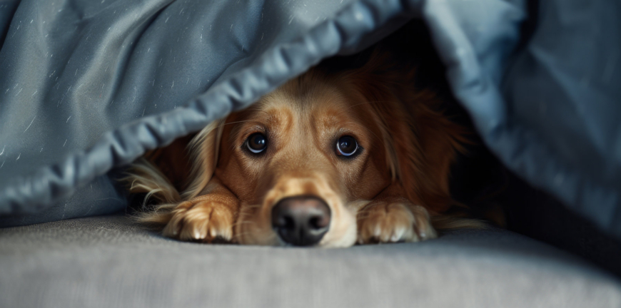Dog hiding under sofa anxious about thunderstorms fireworks loud noises Pet s mental health affected excessive emotions and insecurity